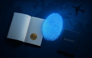 Open passport with a golden seal beside a glowing blue fingerprint on a world-map background, suggesting travel identity.