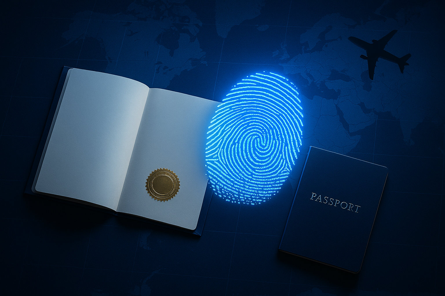 Open passport with a golden seal beside a glowing blue fingerprint on a world-map background, suggesting travel identity.