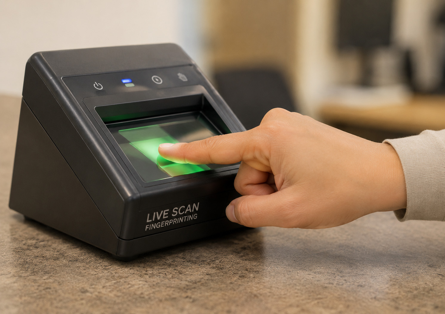 immigration-fingerprinting - Safe Scan Fingerprinting Immigration Fingerprinting: Finger presses a green-lit fingerprint scanner.